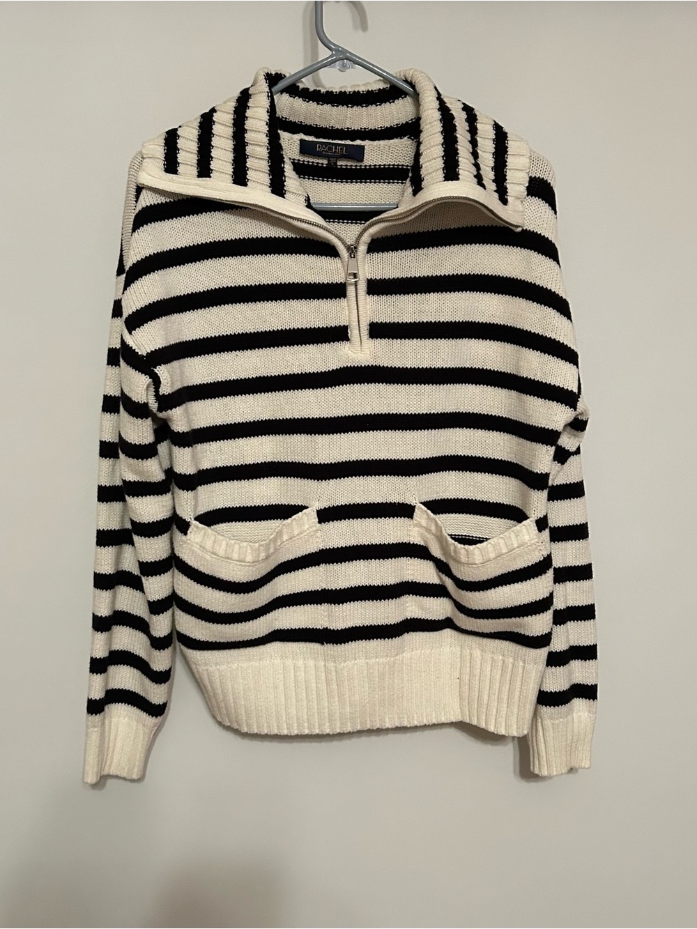 RACHEL Rachel Roy Black & Cream Striped Half-Zip Sweater